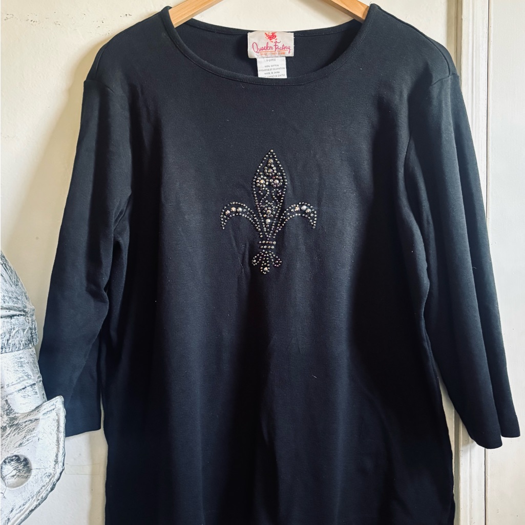 Quacker Factory Black Long Sleeve Top With Embellished Fleur-De-Lis